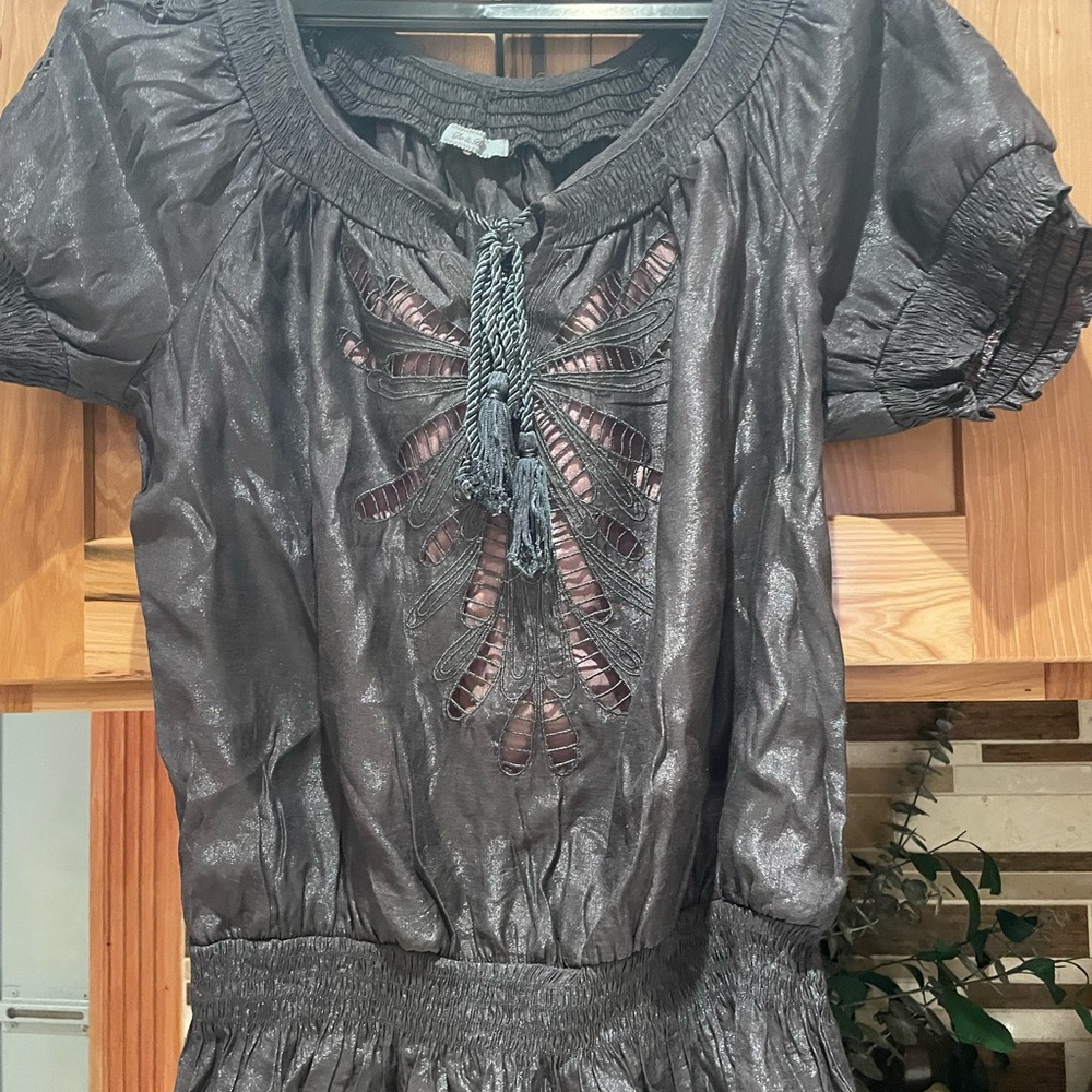 Shimmery Black Blouse with Tassel Detail